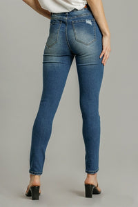 Umgee 5 Pockets Distressed Detail Stretch Denim Skinny Jeans in Denim Blue Bottoms Umgee   