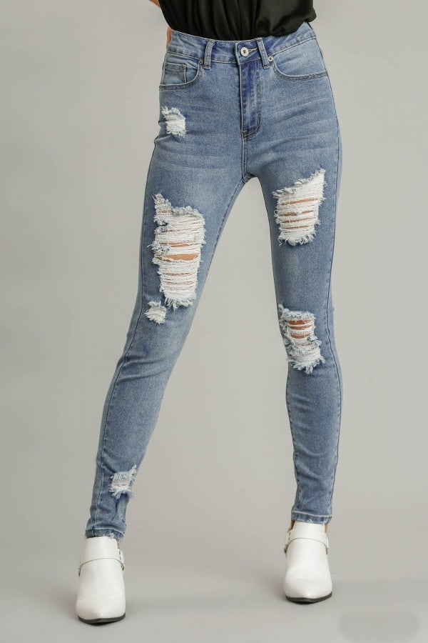 Umgee 5 Pockets Distressed Detail Stretch Denim Skinny Jeans in Light Denim Bottoms Umgee   