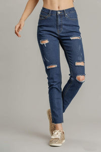 Umgee 5 Pockets Stretch Distressed Skinny Jeans with Unfinished Hem in Denim Bottoms Umgee   