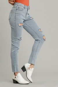 Umgee 5 Pockets Stretch Distressed Skinny Jeans with Unfinished Hem in Light Denim-FINAL SALE Bottoms Umgee   