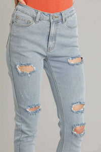 Umgee 5 Pockets Stretch Distressed Skinny Jeans with Unfinished Hem in Light Denim-FINAL SALE Bottoms Umgee   