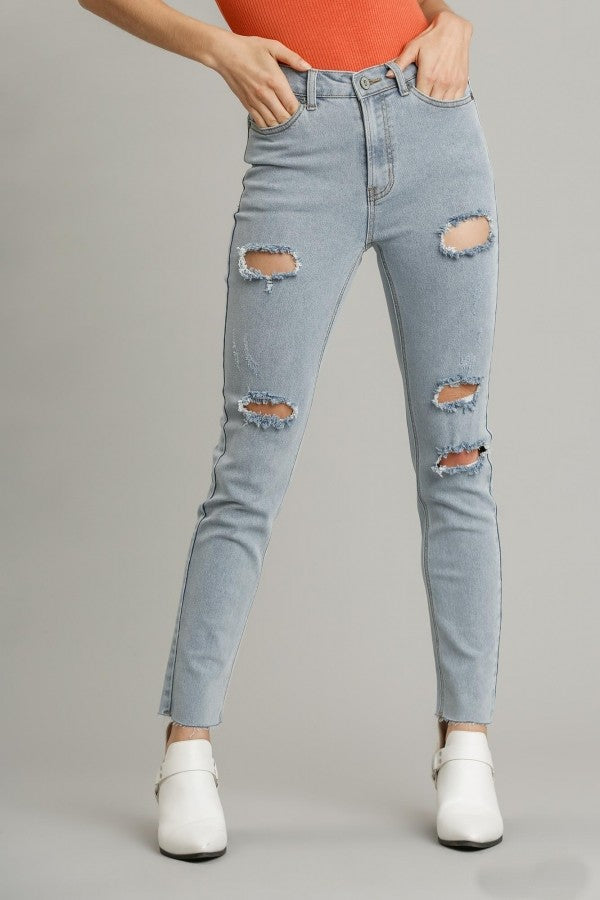Umgee 5 Pockets Stretch Distressed Skinny Jeans with Unfinished Hem in Light Denim Bottoms Umgee   