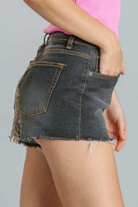 Umgee Mixed Animal Print 5 Pockets Stretch Denim Shorts with Unfinished Hem in Black-FINAL SALE Shorts Umgee   