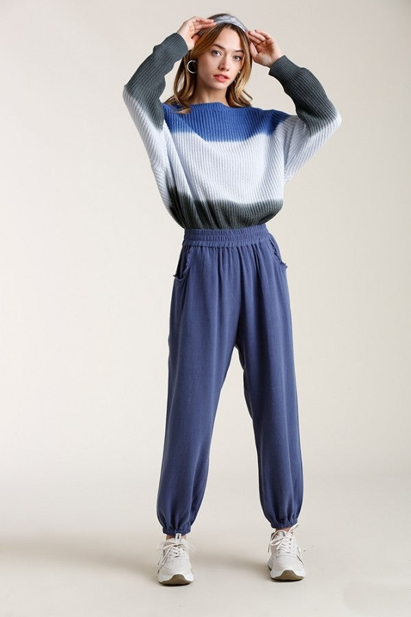 Umgee Linen Blend Jogger Pants in Denim Blue Color – June Adel
