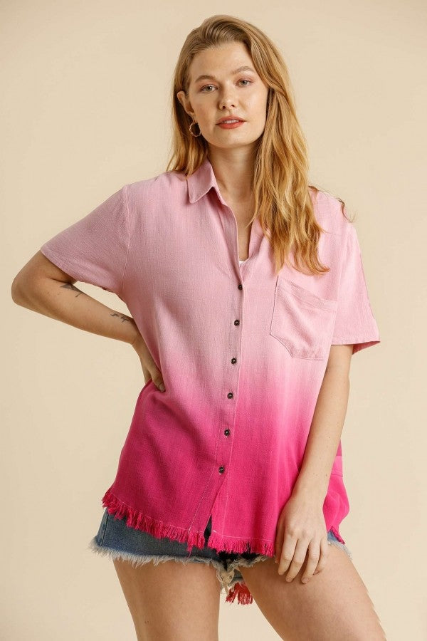 Umgee Linen Blend Dip Dye Button Down  Shirt in Blush Top Umgee   