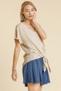 Umgee Linen Blend Top with Front Tie in Oatmeal Top Umgee   
