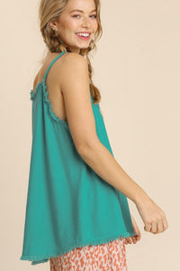 Umgee Linen Blend Spaghetti Strap Top with Frayed Trim in Emerald Green Top Umgee   