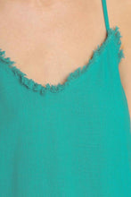 Load image into Gallery viewer, Umgee Linen Blend Spaghetti Strap Top with Frayed Trim in Emerald Green Top Umgee   
