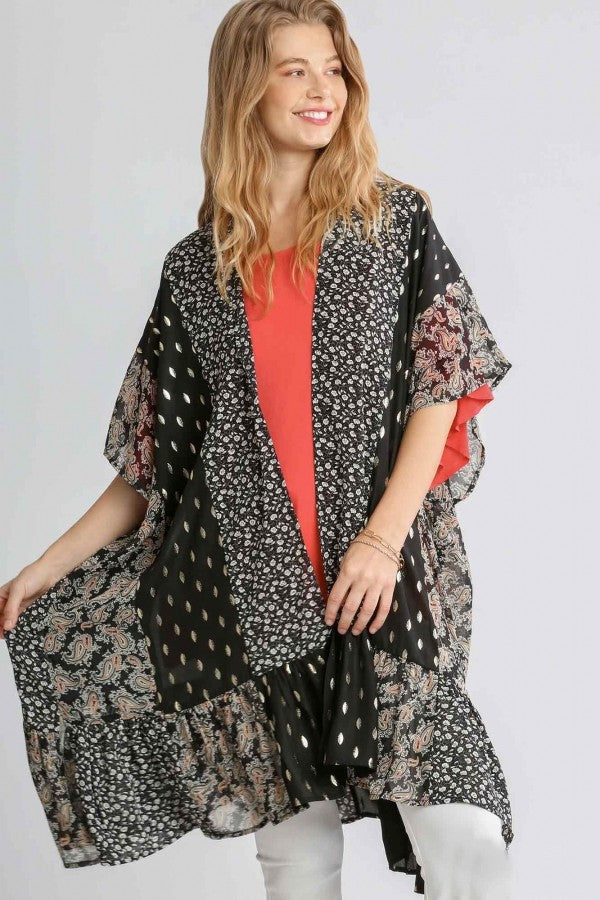 Umgee Sheer Mixed Print Kimono with Ruffled Hem in Black Kimono Umgee   