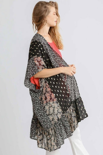 Umgee Sheer Mixed Print Kimono with Ruffled Hem in Black Kimono Umgee   
