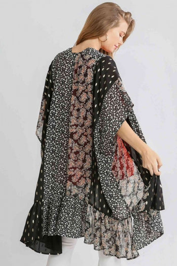 Umgee Sheer Mixed Print Kimono with Ruffled Hem in Black Kimono Umgee   