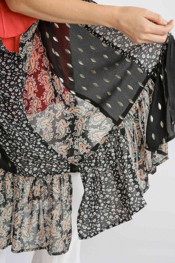 Umgee Sheer Mixed Print Kimono with Ruffled Hem in Black Kimono Umgee   