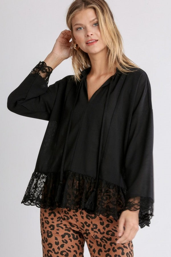 Umgee Black Top with Tassel Tie and Lace Detail FINAL SALE Shirts & Tops Umgee   