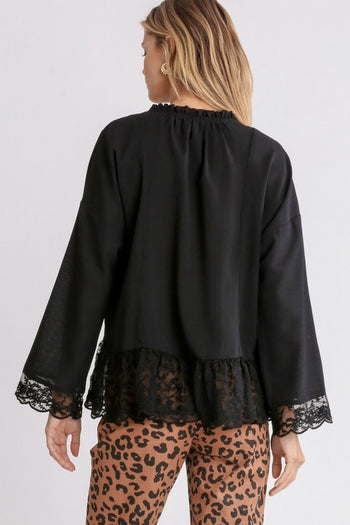 Umgee Black Top with Tassel Tie and Lace Detail FINAL SALE Shirts & Tops Umgee   