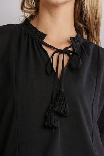 Umgee Black Top with Tassel Tie and Lace Detail FINAL SALE Shirts & Tops Umgee   