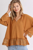 Umgee Clay Top with Tassel Tie and Lace Detail FINAL SALE Shirts & Tops Umgee   
