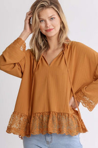 Umgee Clay Top with Tassel Tie and Lace Detail Shirts & Tops Umgee   