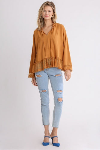 Umgee Clay Top with Tassel Tie and Lace Detail FINAL SALE Shirts & Tops Umgee   