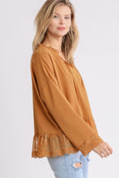 Umgee Clay Top with Tassel Tie and Lace Detail FINAL SALE Shirts & Tops Umgee   