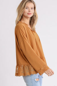 Umgee Clay Top with Tassel Tie and Lace Detail Shirts & Tops Umgee   