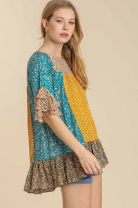 Umgee Mixed Ditzy Floral Print Top in Green Mix  Umgee   