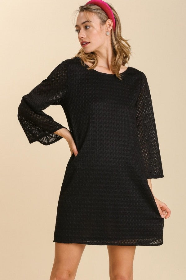 Umgee Black Boat Neck Dress with Bell Sleeves Dress Umgee   
