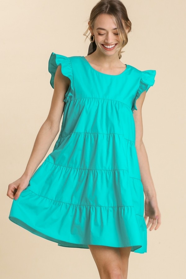 Umgee Tiered Dress with Ruffled Short Sleeves in Jade Green Dresses Umgee   