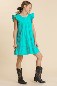 Umgee Tiered Dress with Ruffled Short Sleeves in Jade Green Dresses Umgee   