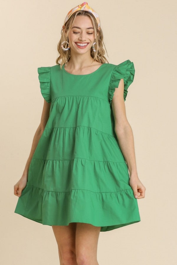 Umgee Tiered Dress with Ruffled Short Sleeves in Kelly Green Dresses Umgee   