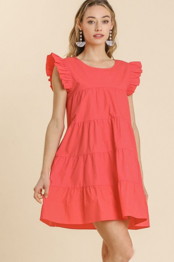 Umgee Tiered Dress with Ruffled Short Sleeves in Watermelon Dresses Umgee   