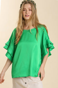 Umgee Satin Top with Ruffled Sleeves in Kelly Green Shirts & Tops Umgee   