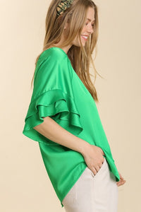 Umgee Satin Top with Ruffled Sleeves in Kelly Green Shirts & Tops Umgee   