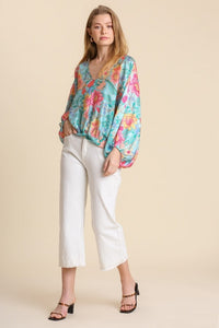 Umgee Mint Floral Print Top with Long Puff Sleeves Shirts & Tops Umgee   