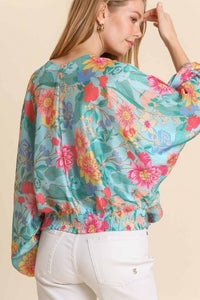 Umgee Mint Floral Print Top with Long Puff Sleeves Shirts & Tops Umgee   