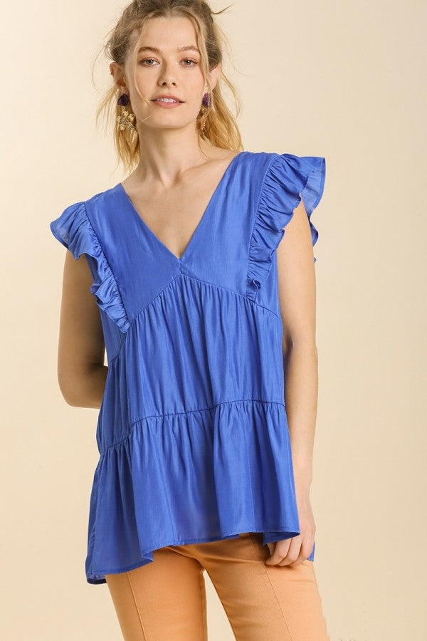 Umgee French Terry Ruffle Trim Puff Sleeve Top