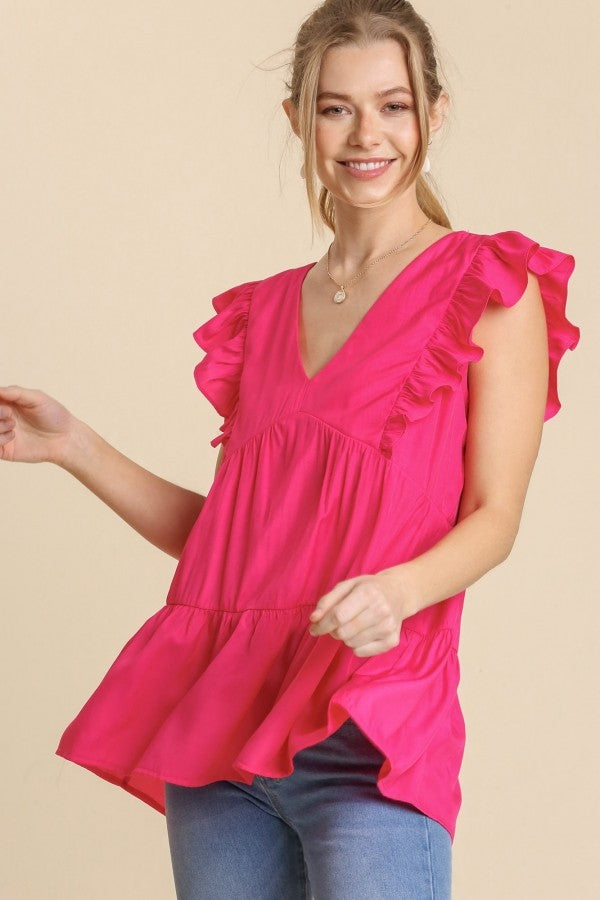 Umgee Tiered Babydoll Top with Ruffled Trim in Hot Pink Shirts & Tops Umgee   
