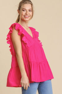 Umgee Tiered Babydoll Top with Ruffled Trim in Hot Pink Shirts & Tops Umgee   