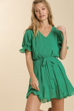 Load image into Gallery viewer, Umgee Short Pleated Dress with Ruffled Sleeves in Kelly Green Dresses Umgee   
