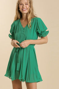 Umgee Short Pleated Dress with Ruffled Sleeves in Kelly Green FINAL SALE Dresses Umgee   