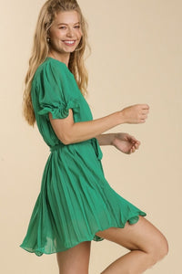 Umgee Short Pleated Dress with Ruffled Sleeves in Kelly Green Dresses Umgee   