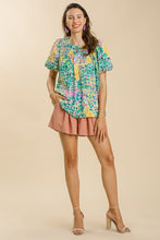 Load image into Gallery viewer, Umgee Metallic Floral Printed Top with Puff Sleeves in Yellow Mix Shirts &amp; Tops Umgee   
