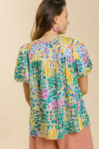 Umgee Metallic Floral Printed Top with Puff Sleeves in Yellow Mix Shirts & Tops Umgee   