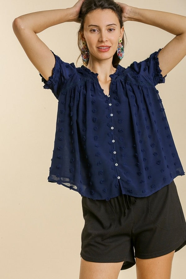 Umgee Swiss Dot Top with Puff Sleeves in Navy Shirts & Tops Umgee   