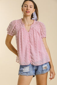 Umgee Swiss Dot Top with Puff Sleeves in Soft Mauve Shirts & Tops Umgee   