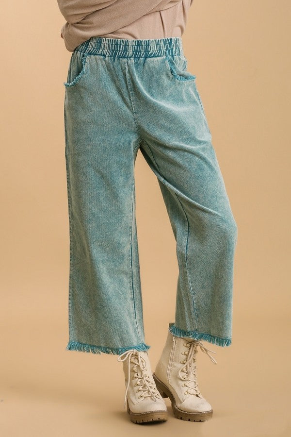 Umgee Stone Washed Cropped Frayed Pants in Emerald Green Pants Umgee   