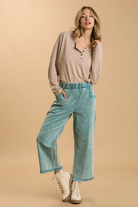 Umgee Stone Washed Cropped Frayed Pants in Emerald Green Pants Umgee   