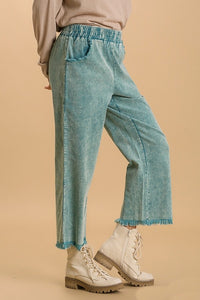 Umgee Stone Washed Cropped Frayed Pants in Emerald Green Pants Umgee   