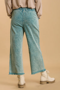 Umgee Stone Washed Cropped Frayed Pants in Emerald Green Pants Umgee   