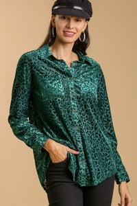 Umgee Sheer Velvet Animal Print Top in Forest Green Shirts & Tops Umgee   