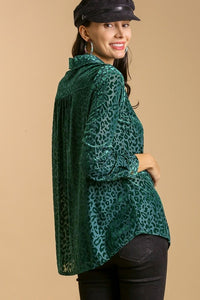 Umgee Sheer Velvet Animal Print Top in Forest Green Shirts & Tops Umgee   